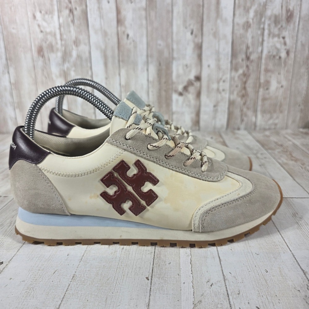 Tory Burch Hank Sneakers Womens 7.5M Cream Grey Burgundy Leather Suede 161225